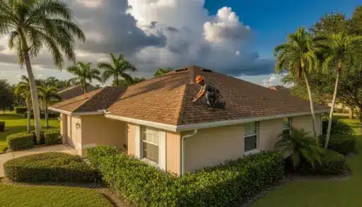 Roofer wearing helmet inspecting shingles on suburban house roof surrounded by palm trees