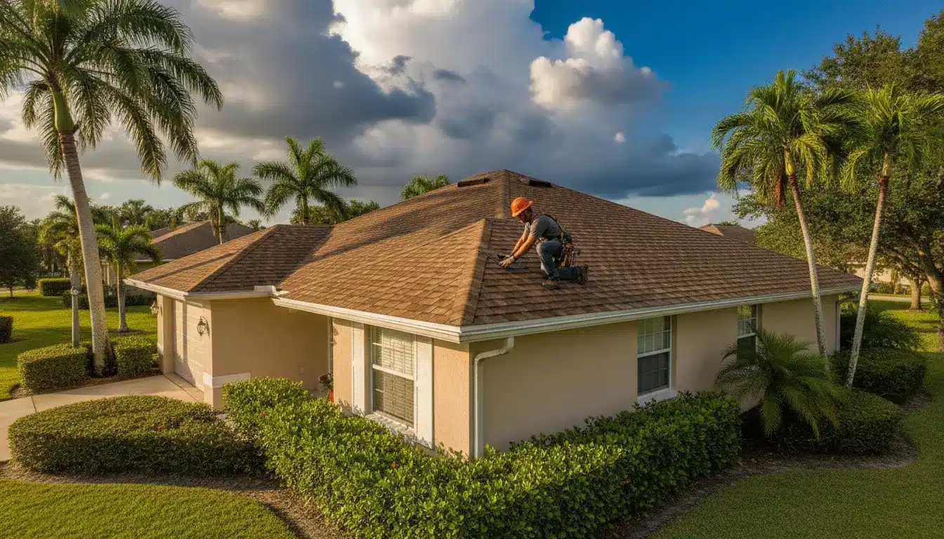 Roofer wearing helmet inspecting shingles on suburban house roof surrounded by palm trees