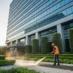 Worker in orange vest pressure washing pavement outside modern glass office building