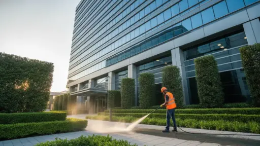 Worker in orange vest pressure washing pavement outside modern glass office building