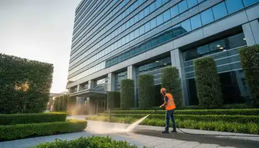 Worker in orange vest pressure washing pavement outside modern glass office building