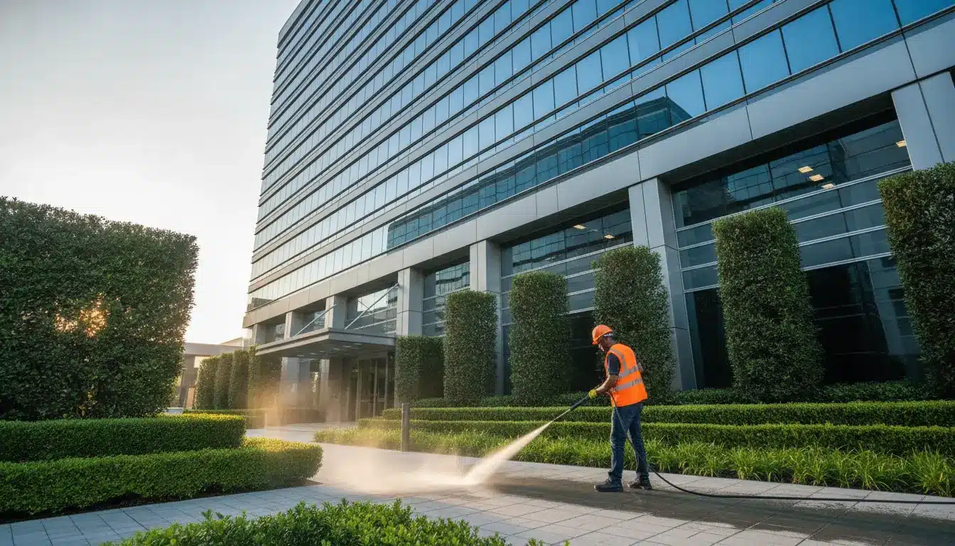 Worker in orange vest pressure washing pavement outside modern glass office building