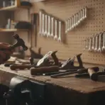 Person holding a hammer in a workshop with tools on a wooden bench