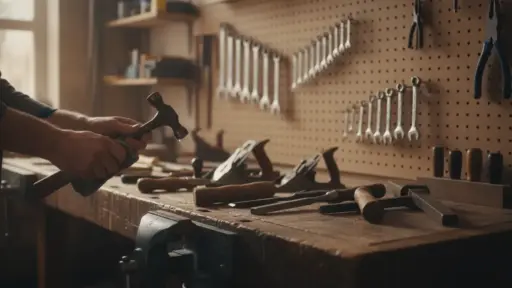 Person holding a hammer in a workshop with tools on a wooden bench