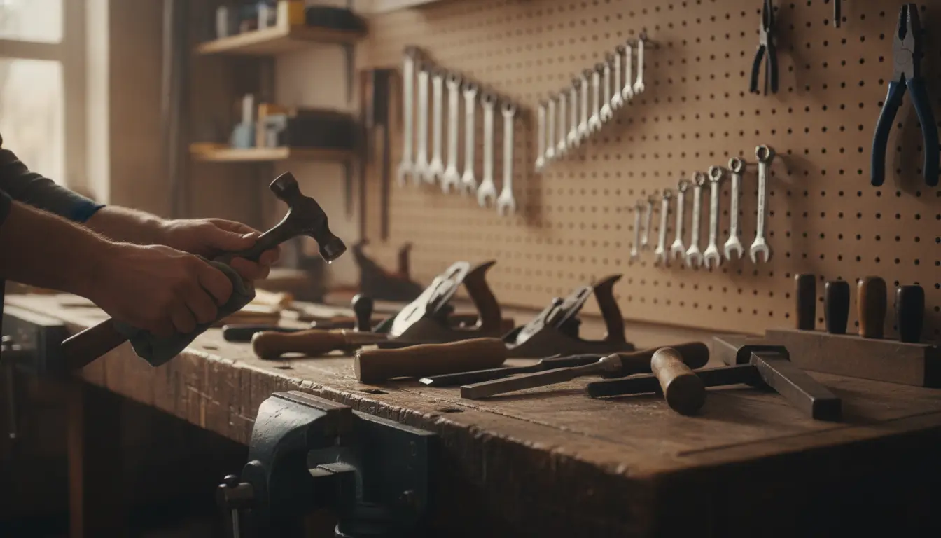 Person holding a hammer in a workshop with tools on a wooden bench