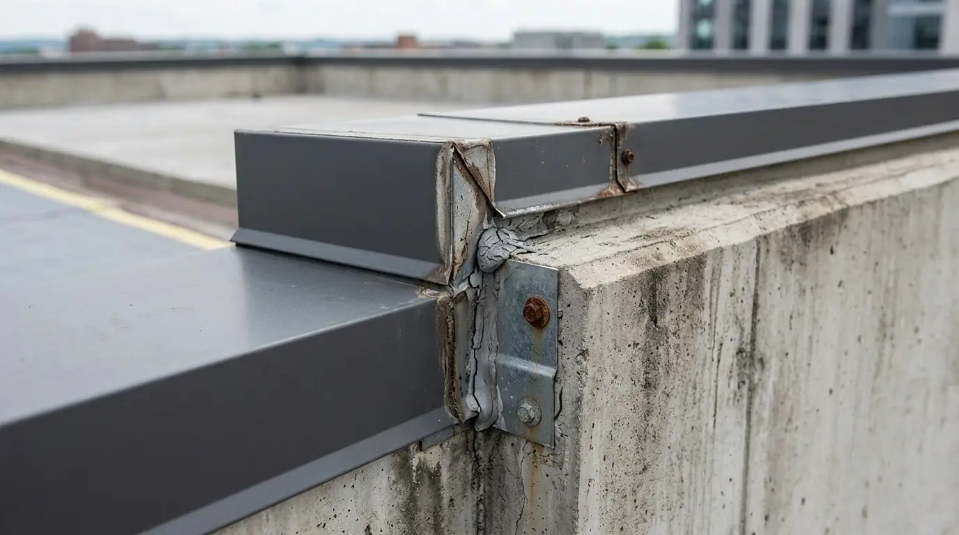 Concrete parapet with rusted metal railing on rooftop, under cloudy sky
