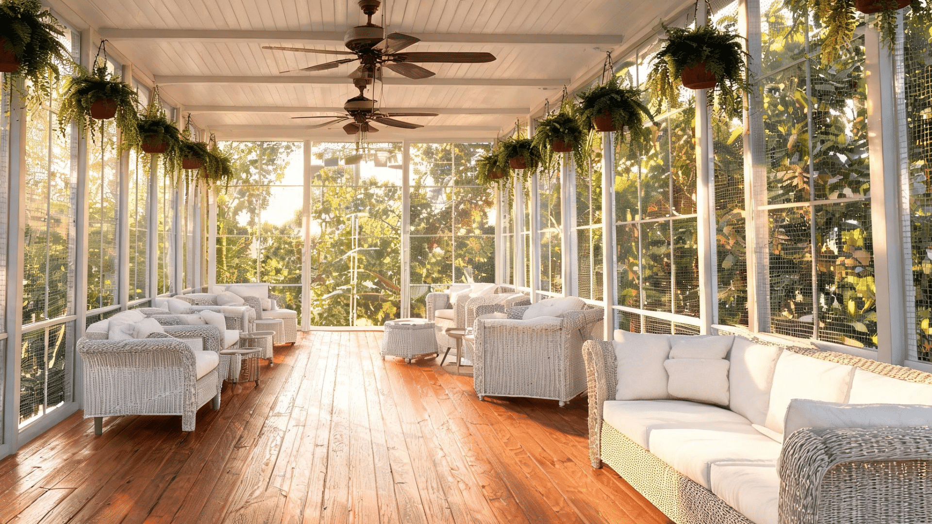 wide ceiling fans, hanging ferns, and a long pine floor give this style its famous charm