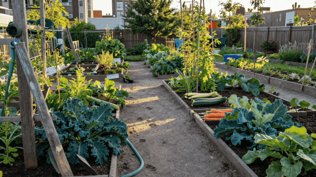 wide community garden plot with multiple raised beds growing kale zucchini carrots and bean trellises in late afternoon golden hour light