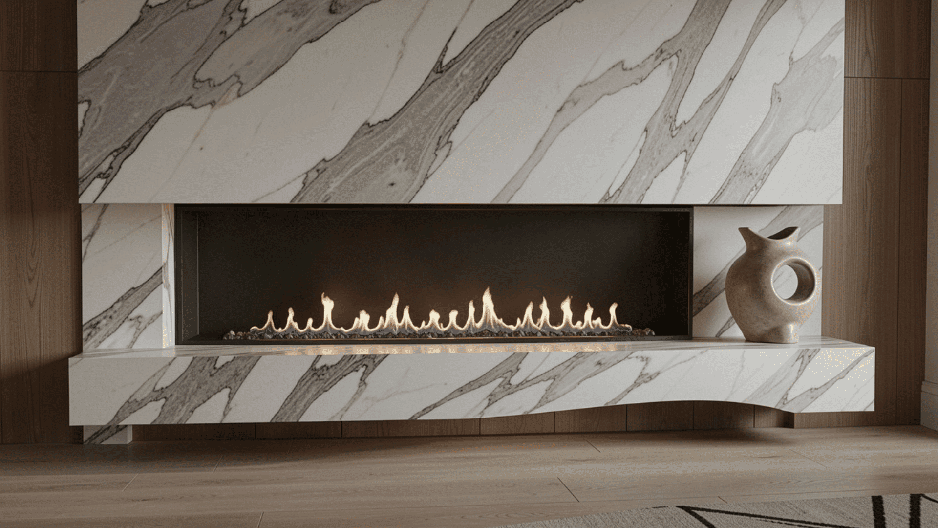 wide long linear fireplace built from polished concrete with a blackened steel firebox housing a ribbon flame beneath a large abstract canvas painting in a minimal loft style room with concrete wa