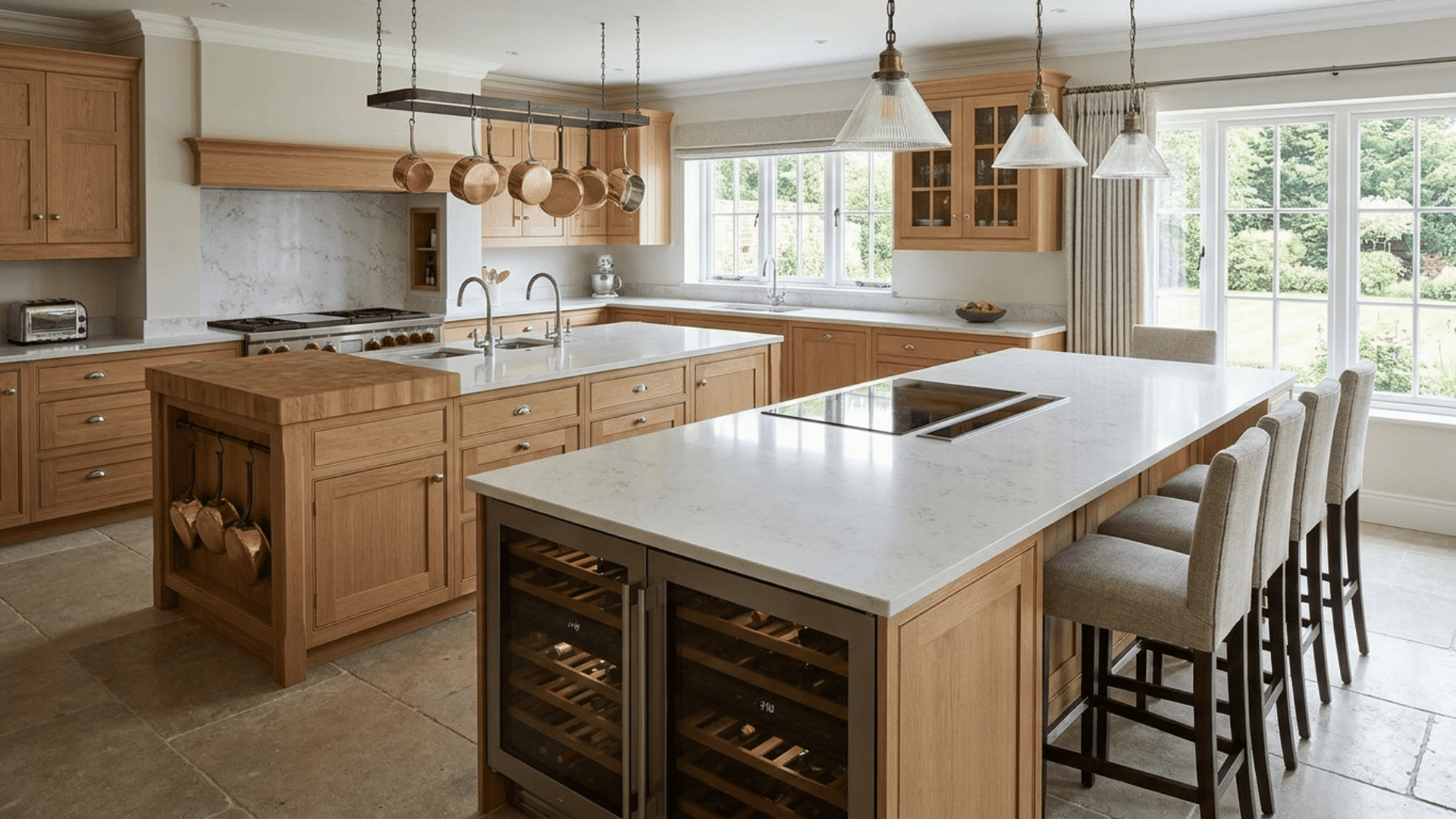 Wide U-shaped kitchen with double islands for multiple prep and storage zones.