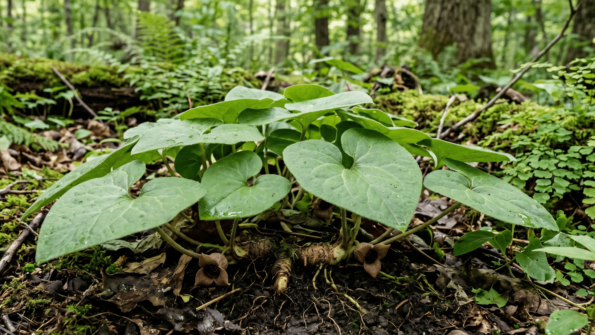 wild ginger plant with heart-shaped green leaves and small brown flowers emerges from the forest floor, surrounded by moss, ferns, and fallen leaves.