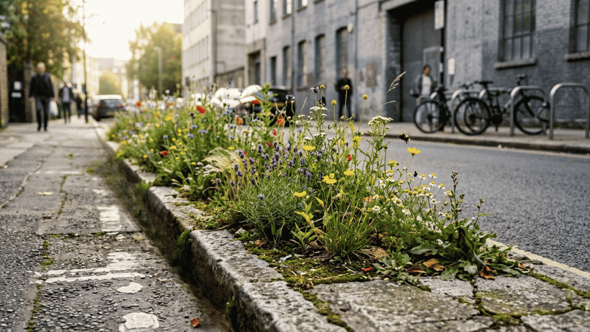 Wildflowers and native plants grow through cracked roadside concrete, transforming neglected urban space into a thriving guerrilla gardening habitat.
