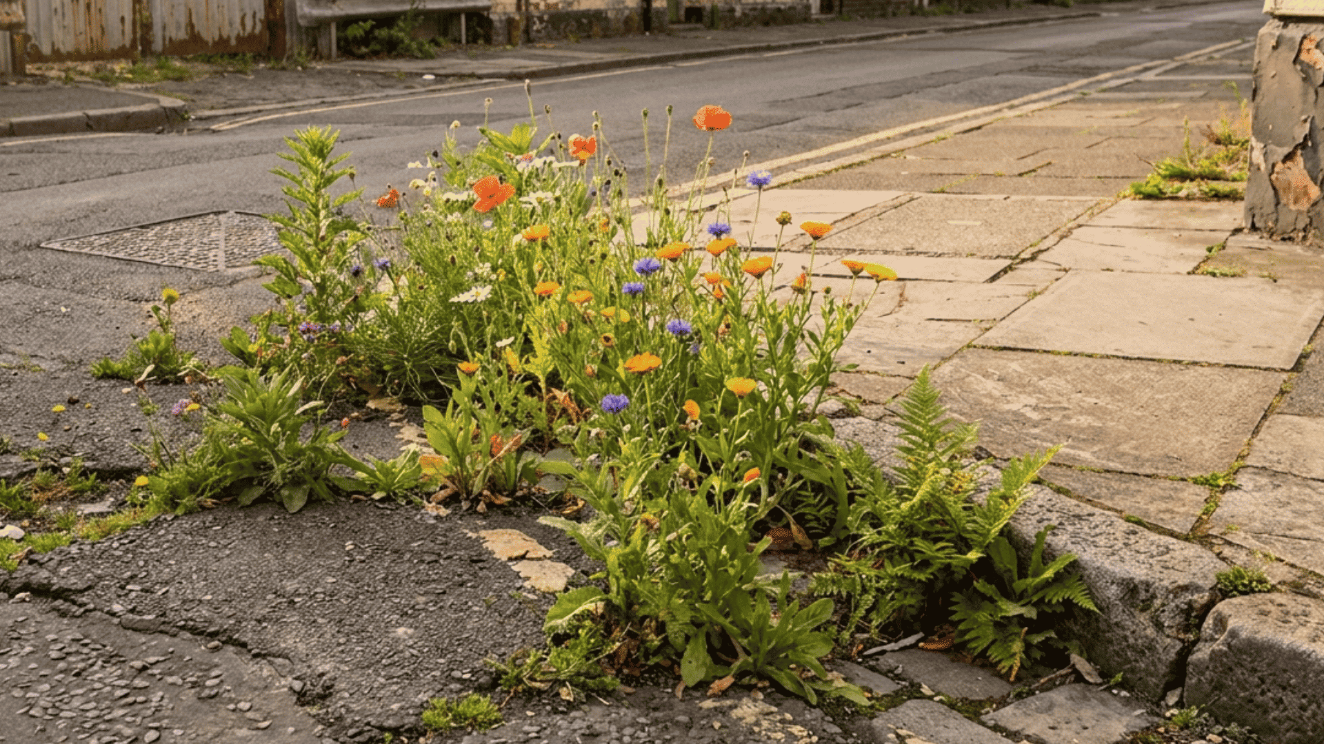 Wildflowers and native plants grow through cracked roadside pavement, bringing quiet life and color back into a neglected urban street.