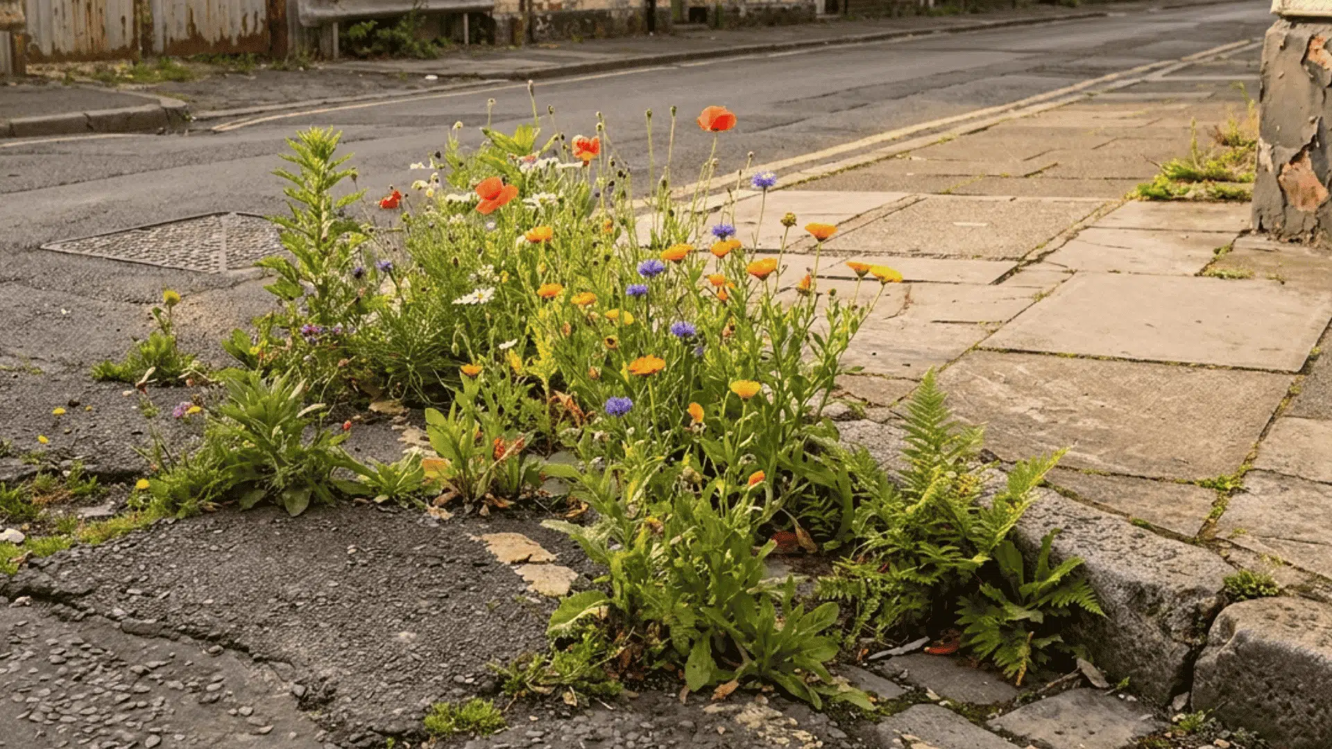 Wildflowers and native plants grow through cracked roadside pavement, bringing quiet life and color back into a neglected urban street.