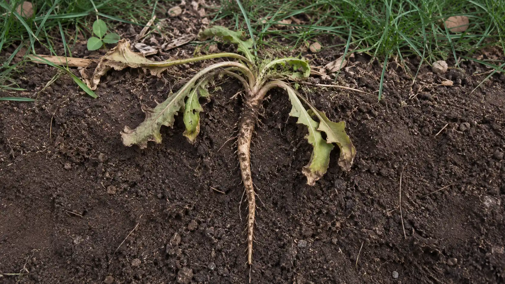 wilted dandelion weed with a long exposed taproot resting on loose garden soil beside grass