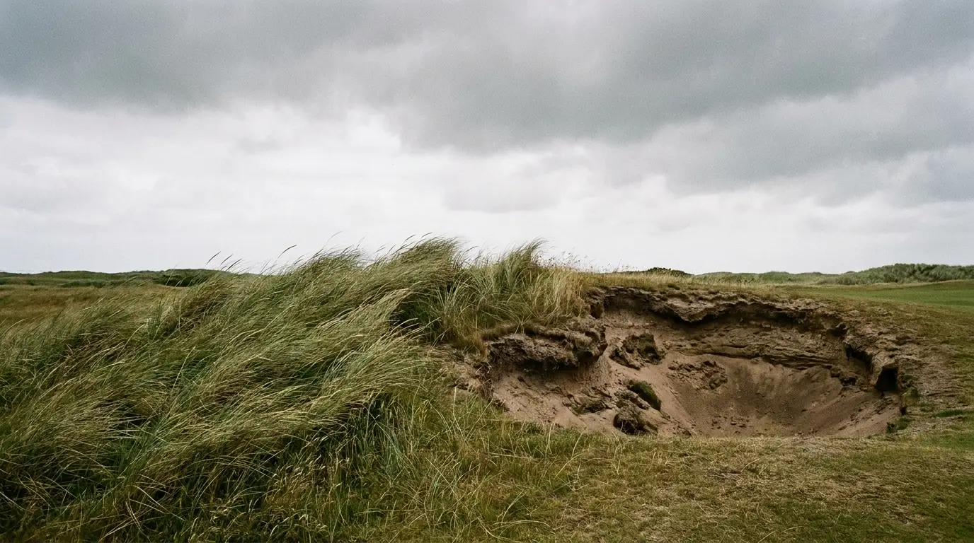 Sand bunker surrounded by tall grass under cloudy skies on a golf course
