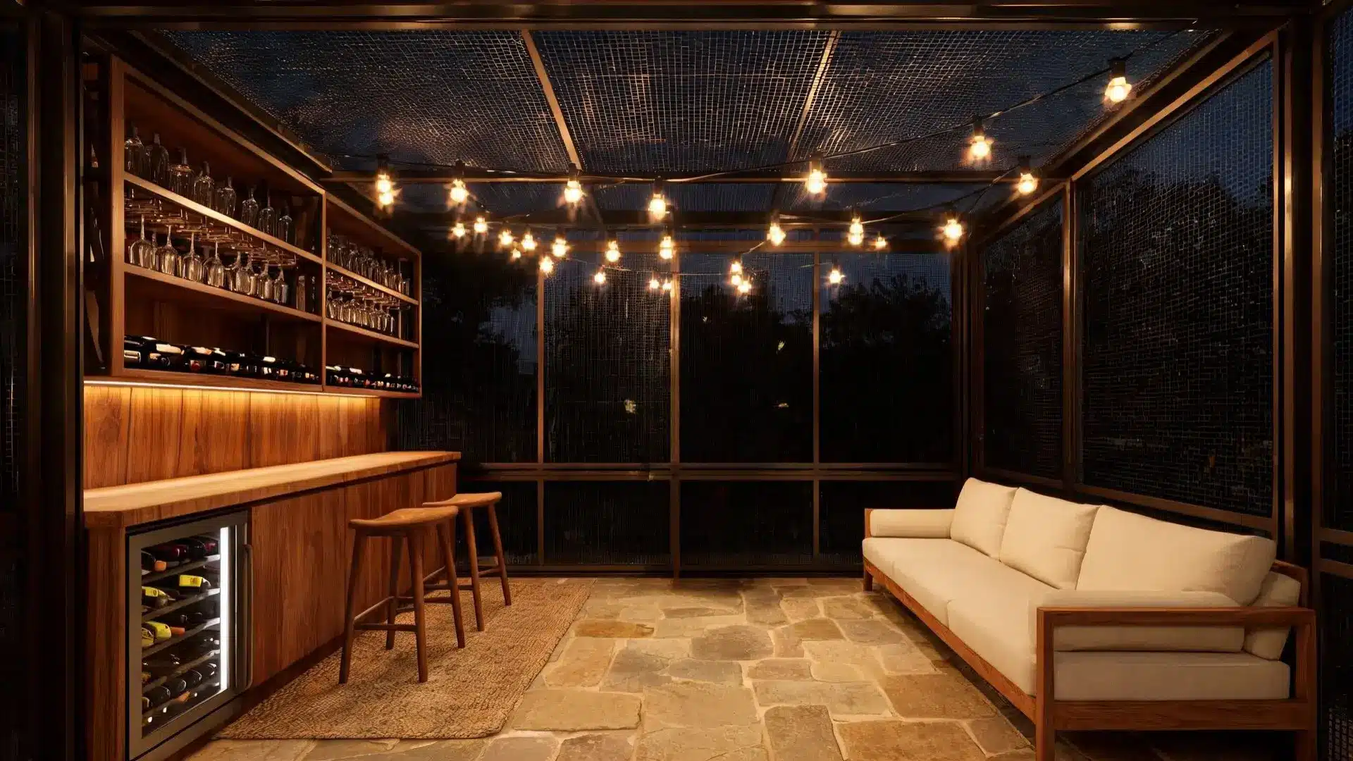wood bar counter with stemware shelves and a wine fridge beside a linen sofa under string lights at night