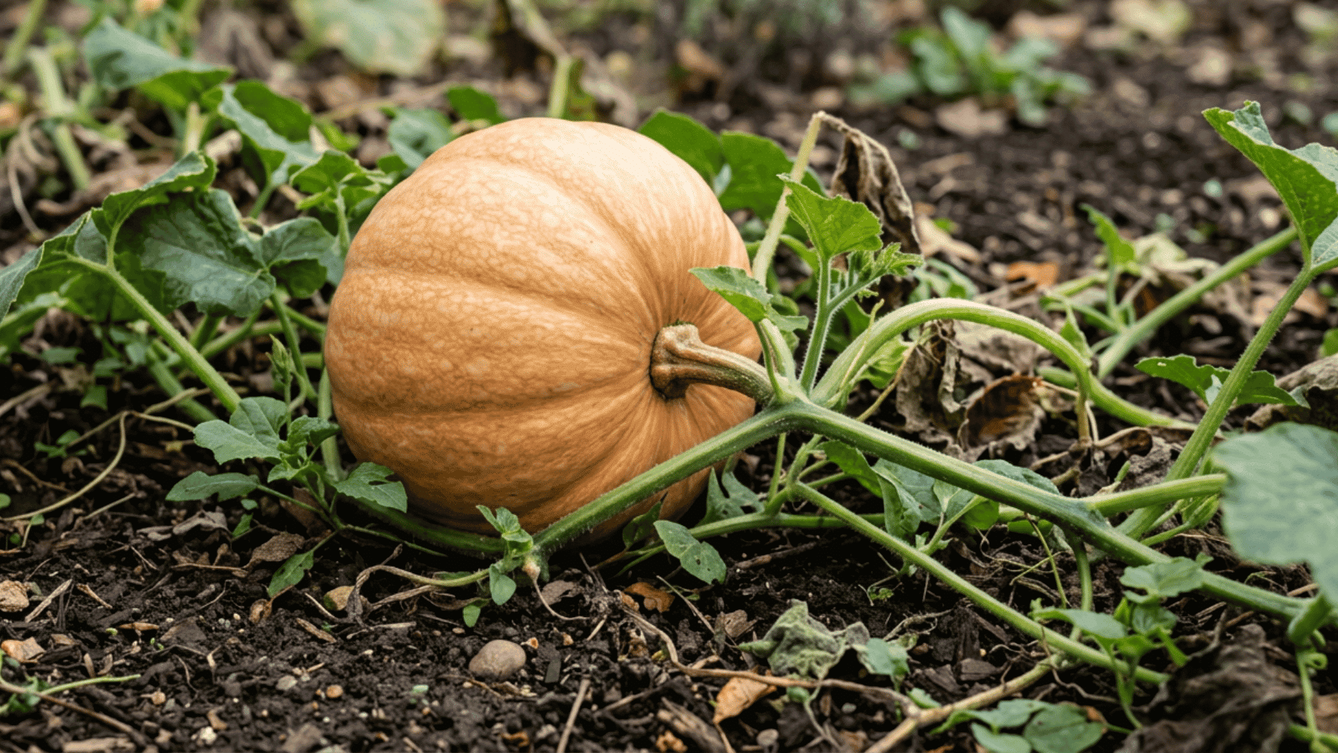 _winter luxury pumpkin growing on dark garden soil surrounded by green vines curling tendrils
