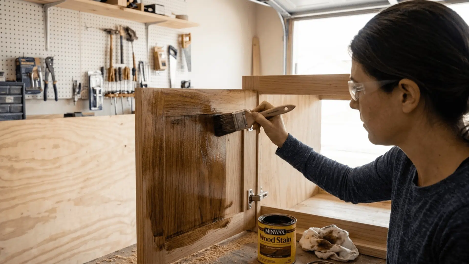 woman in a garage brushing wood stain onto a vanity panel laid on a drop cloth over sawhorses