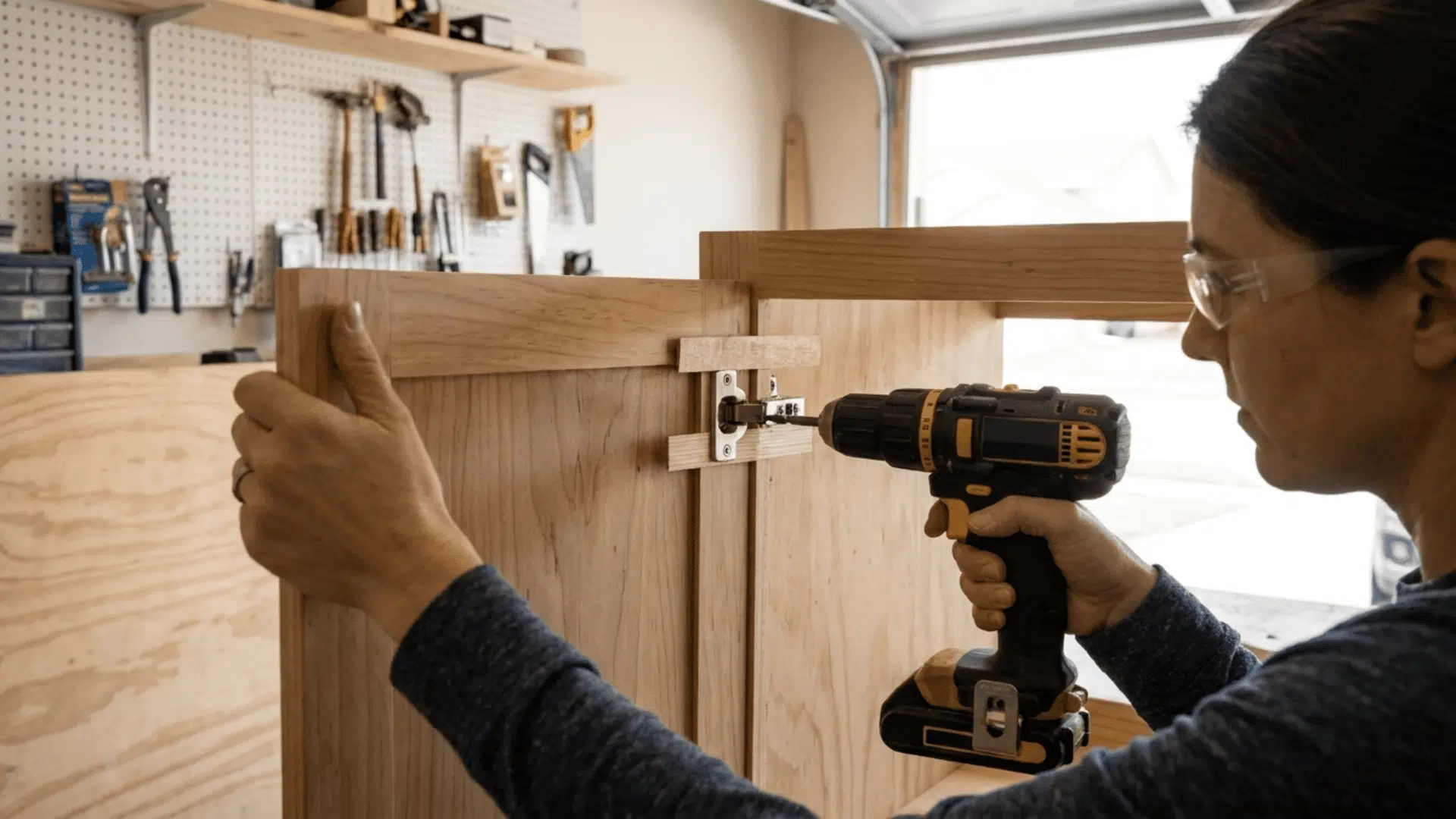 woman in a garage holding a cabinet door to the vanity frame with a hinge partly attached and shims