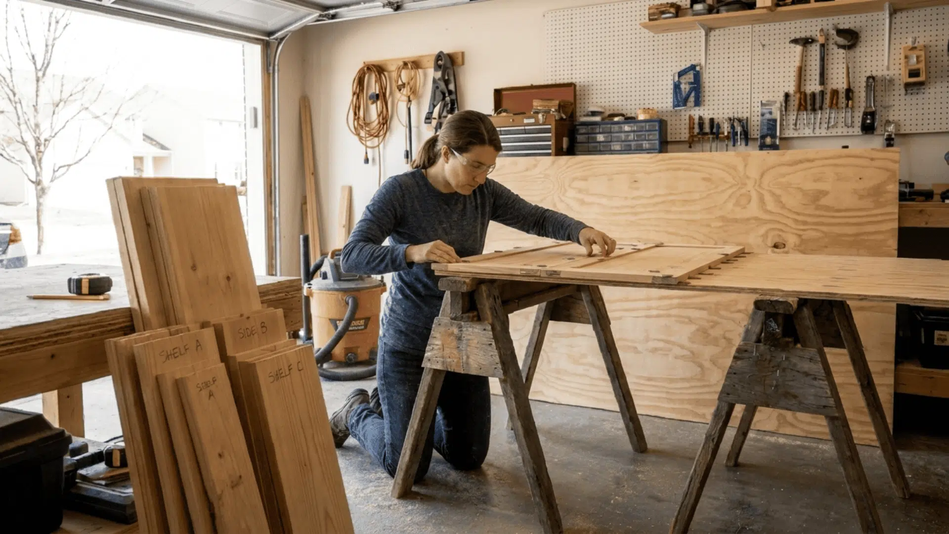 woman in a garage laying vanity door boards over a plywood backer with coins spacing the gaps