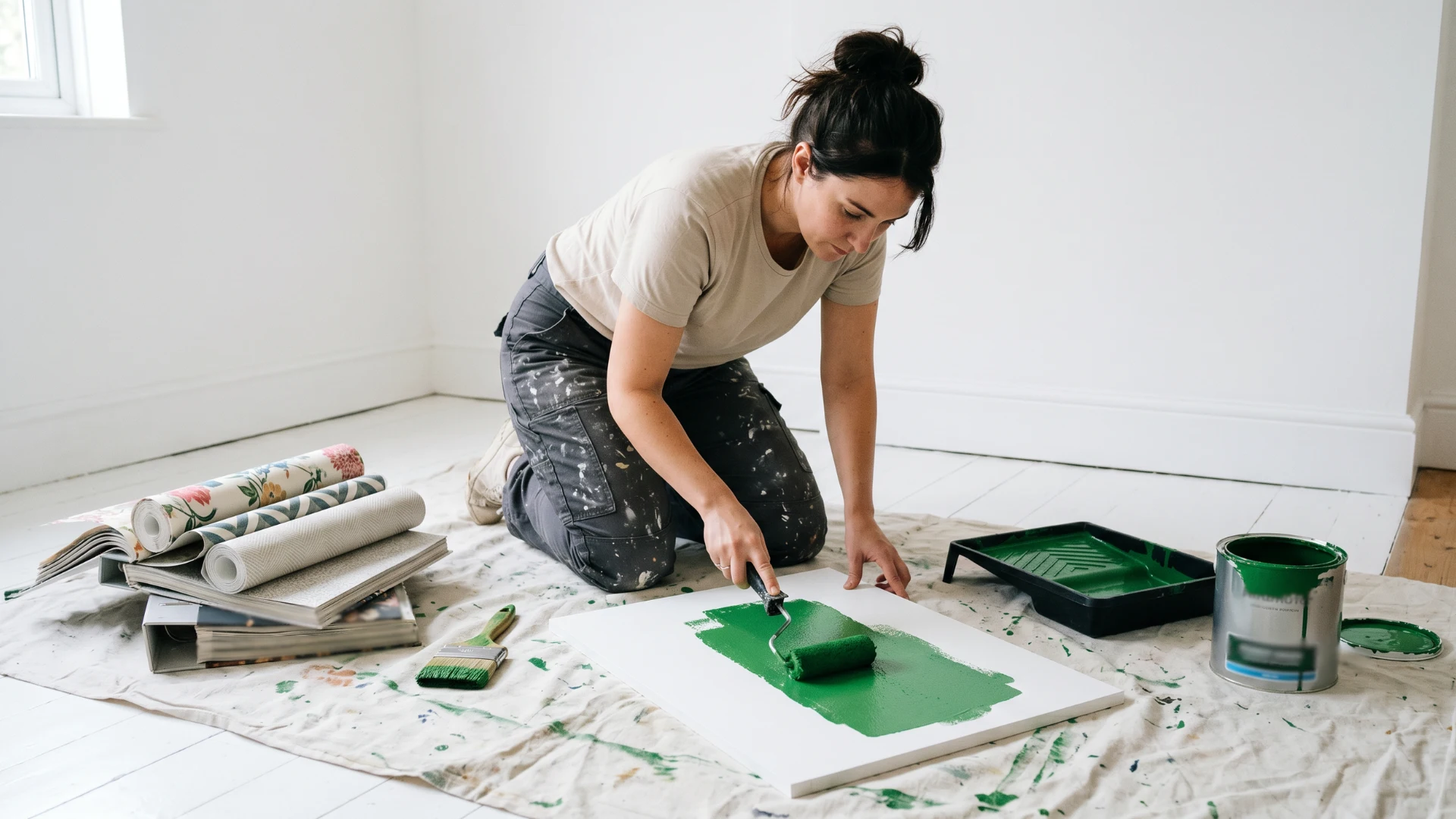 Woman in paint-splattered clothes kneels on a drop cloth, using a roller to apply bright green paint to a white canvas indoor