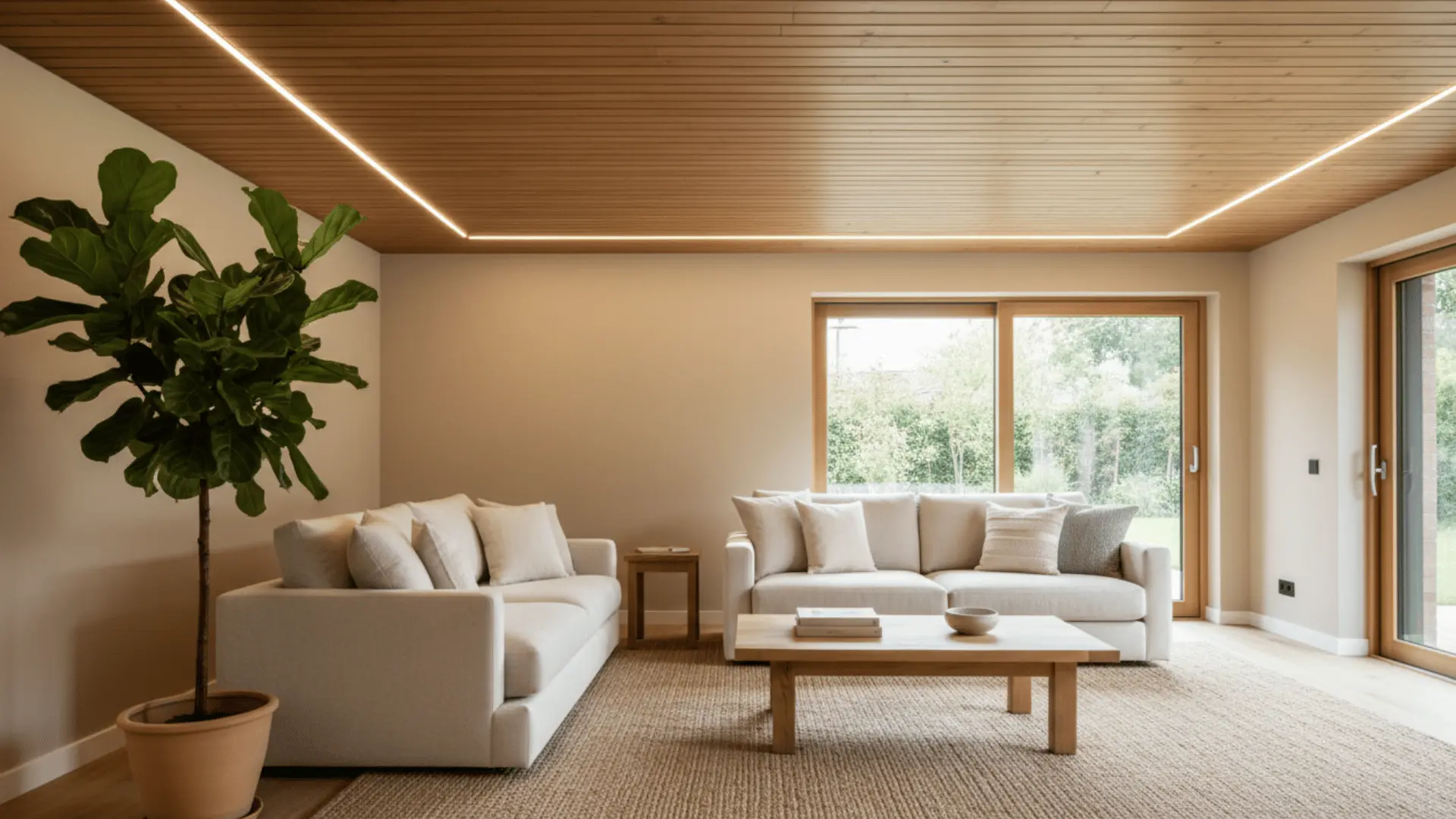 modern living room with wood slat ceiling soft line lighting cream sofas low coffee table tall plant and garden windows