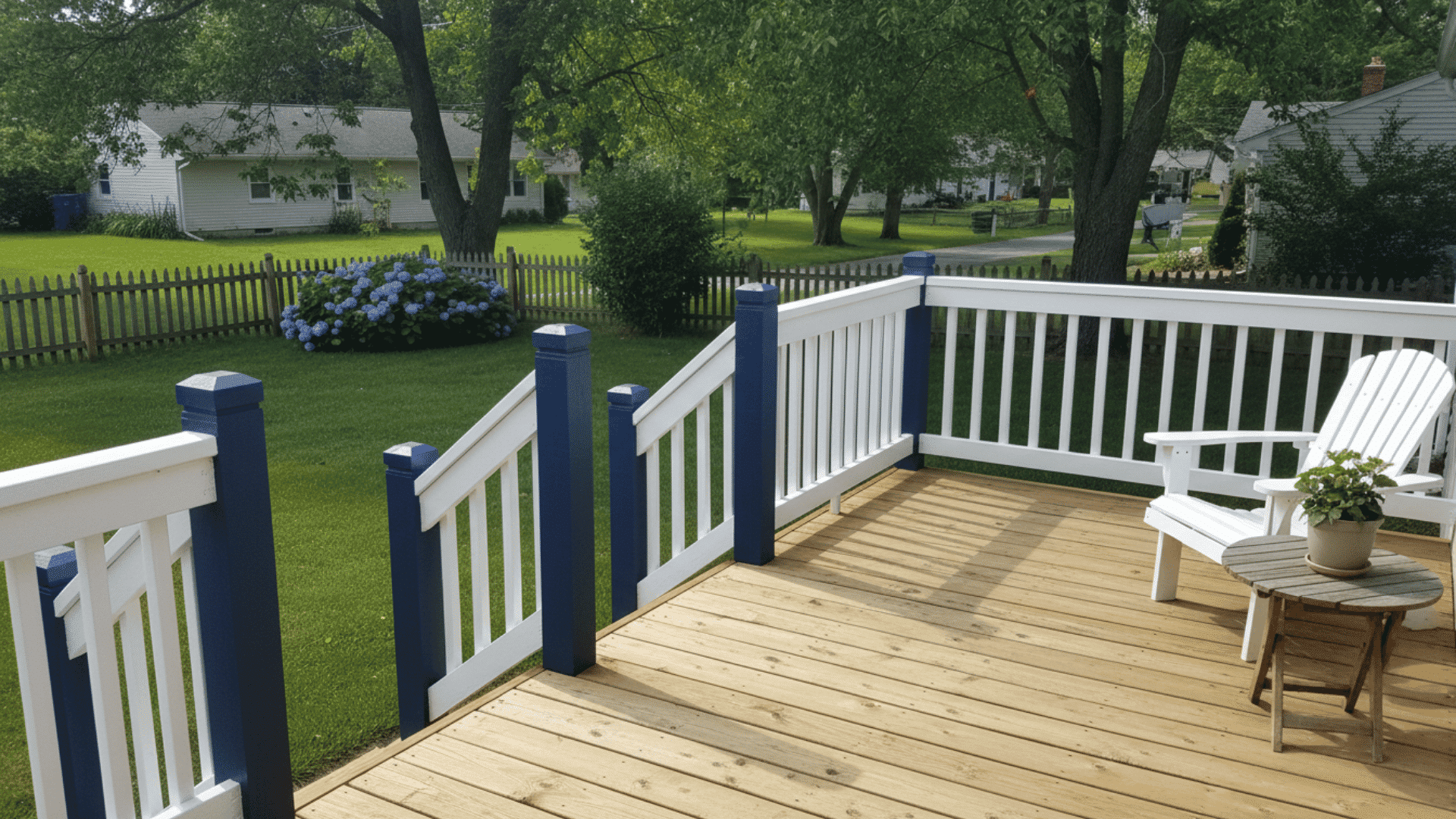 wood deck with white railing and blue posts overlooking a green yard with trees chair and side table