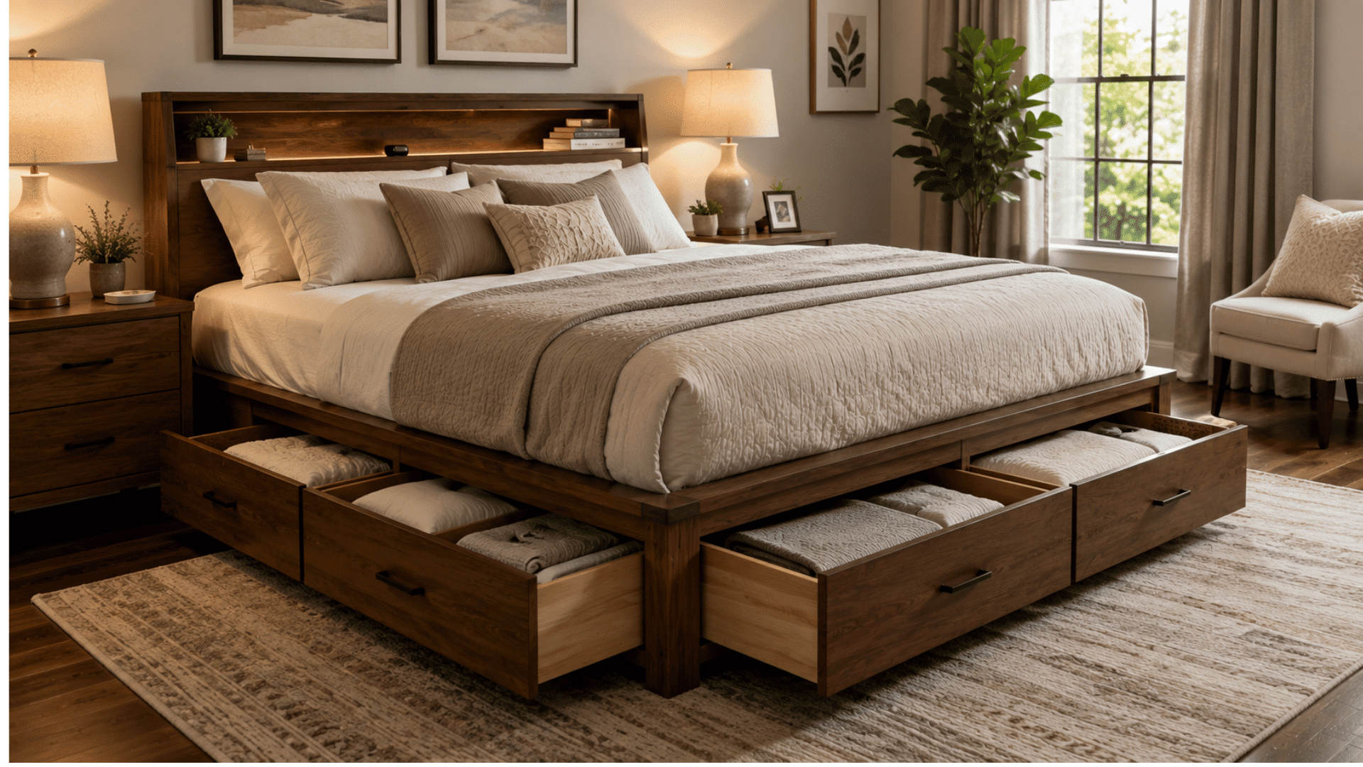 wooden bed featuring built in storage drawers underneath for organizing bedding clothing and essentials