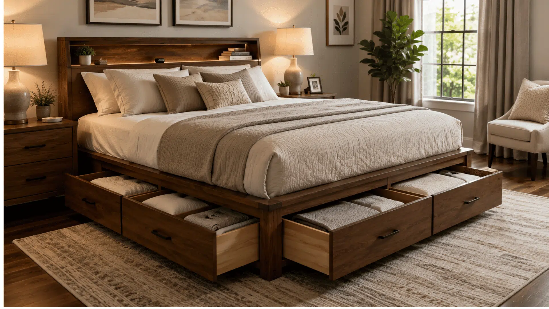 wooden bed featuring built in storage drawers underneath for organizing bedding clothing and essentials