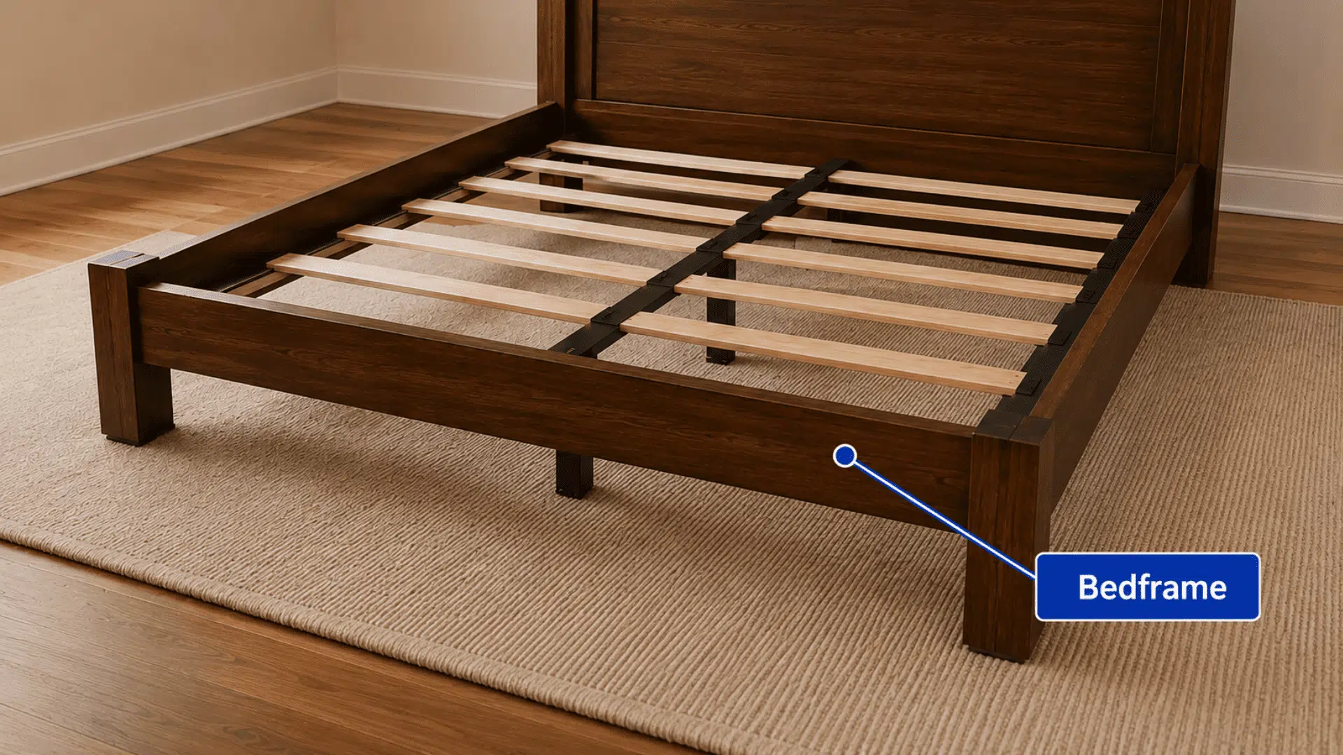 wooden bed frame with support slats and center support system designed for mattress stability