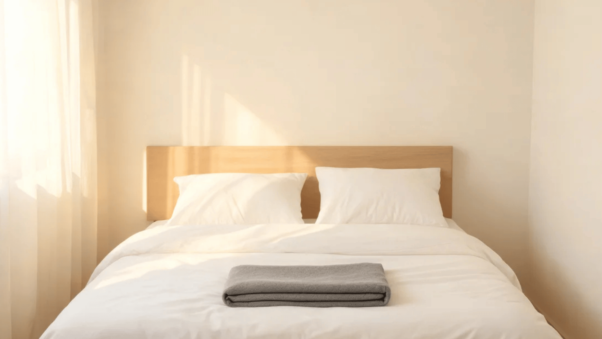 wooden bed with white bedding and gray blanket near bright window in simple bedroom
