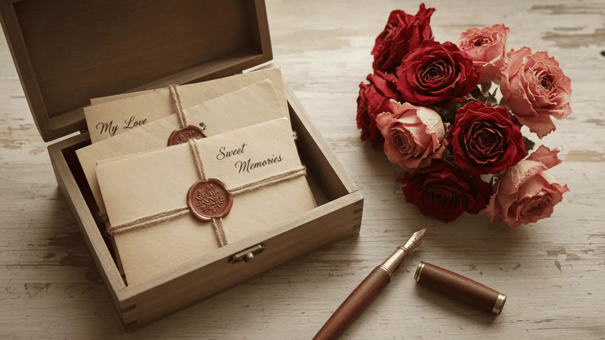 wooden box of sealed envelopes tied with twine beside dried roses and a fountain pen