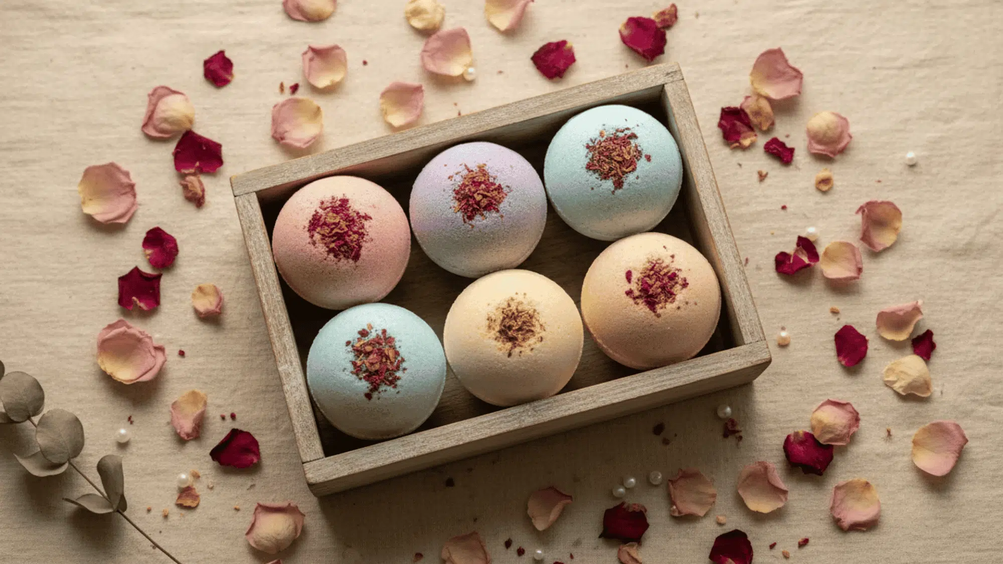 wooden box of six pastel handmade bath bombs surrounded by dried rose petals