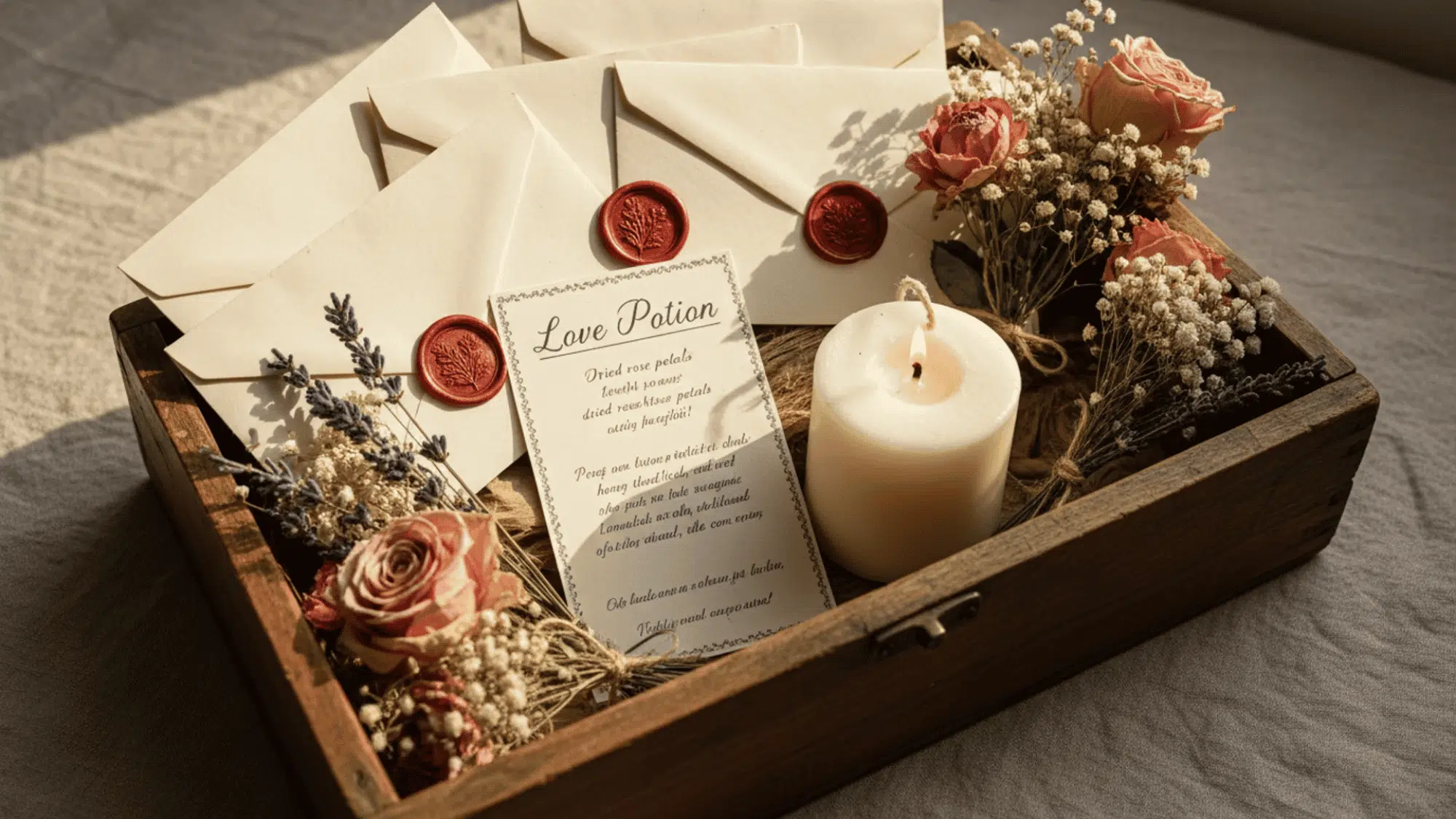 wooden box with sealed envelopes, a candle, recipe card, and dried flowers inside