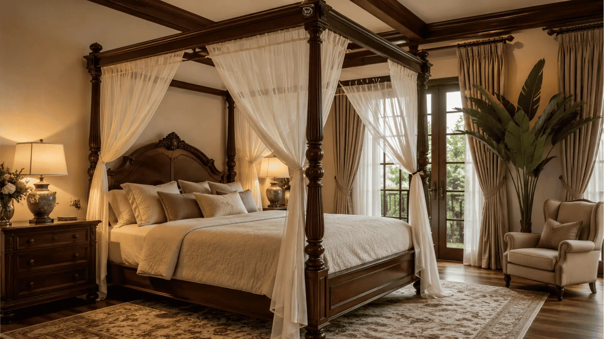 wooden canopy bed with tall corner posts and overhead frame creating a cozy enclosed sleeping space