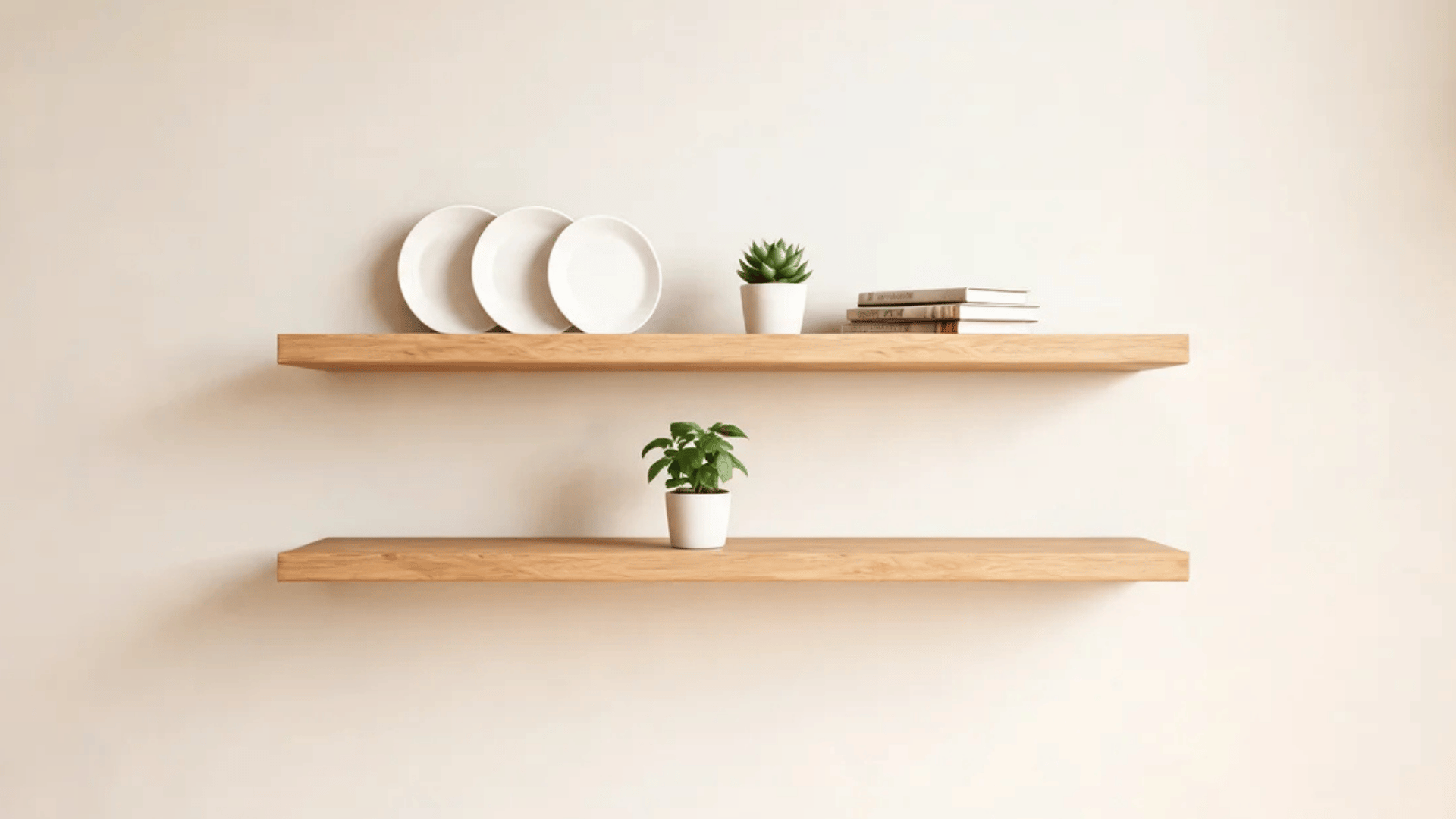 wooden floating shelves with white plates books and small green plants on wall