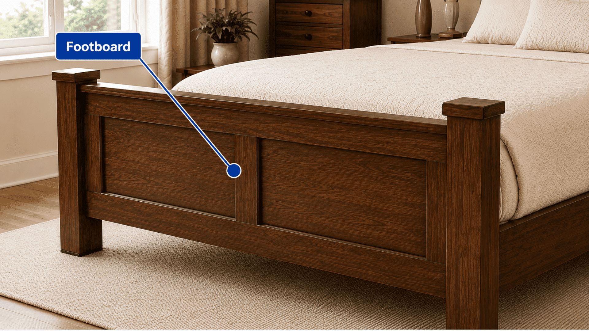 wooden footboard at the front of a bed showcasing support and decorative frame construction