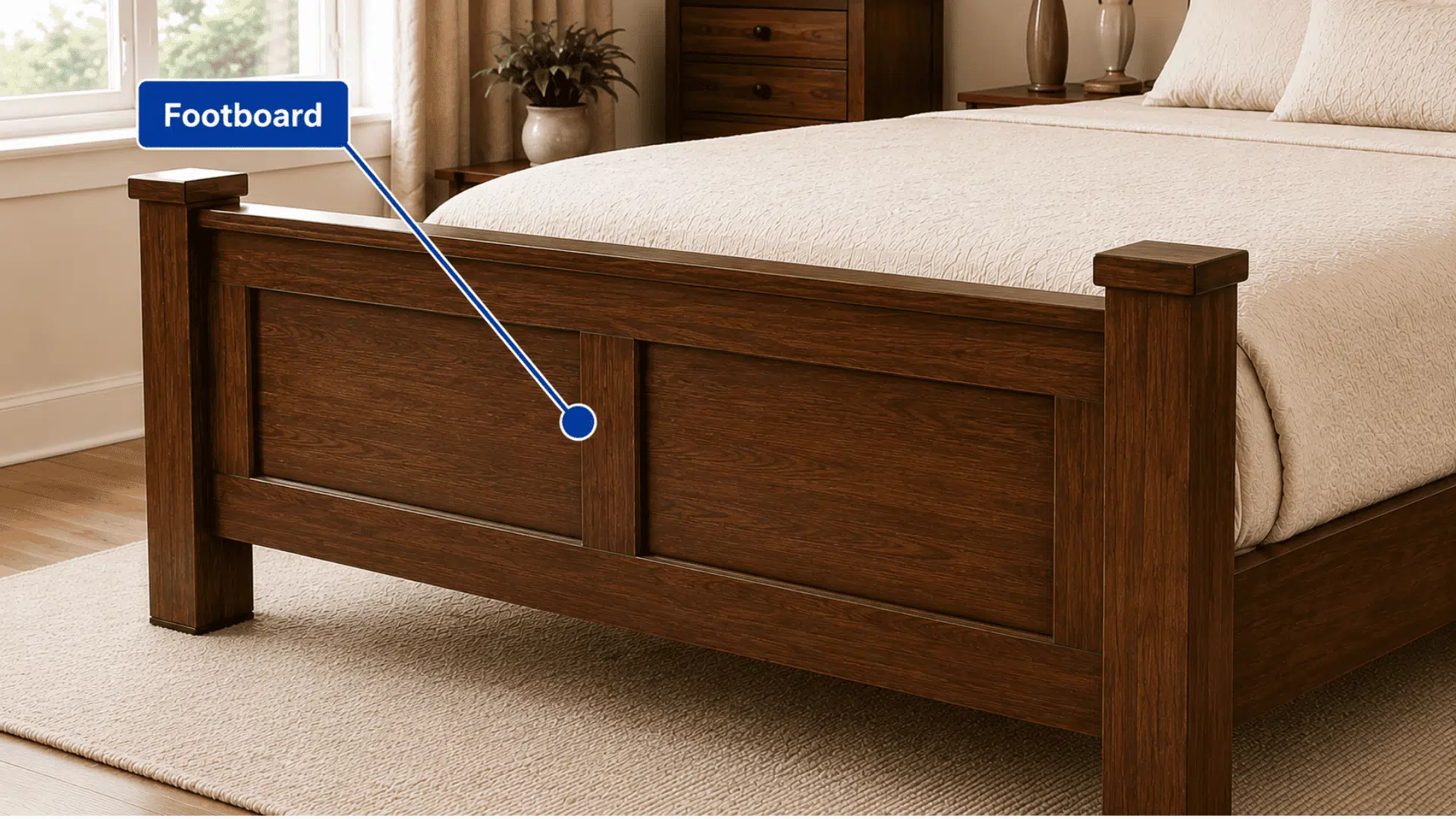 wooden footboard at the front of a bed showcasing support and decorative frame construction
