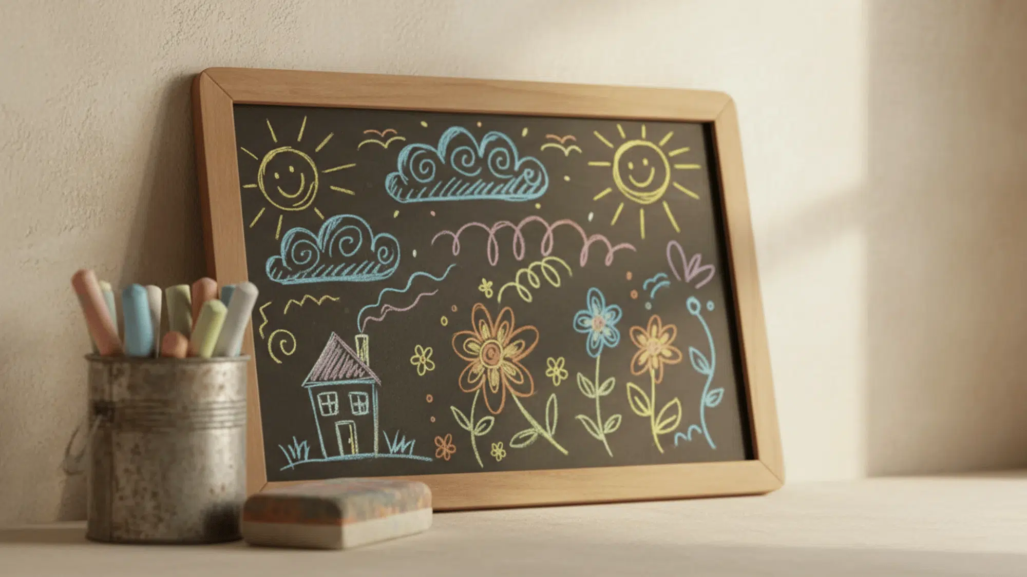 wooden-framed chalkboard with chalk doodles, propped beside a tin of chalk