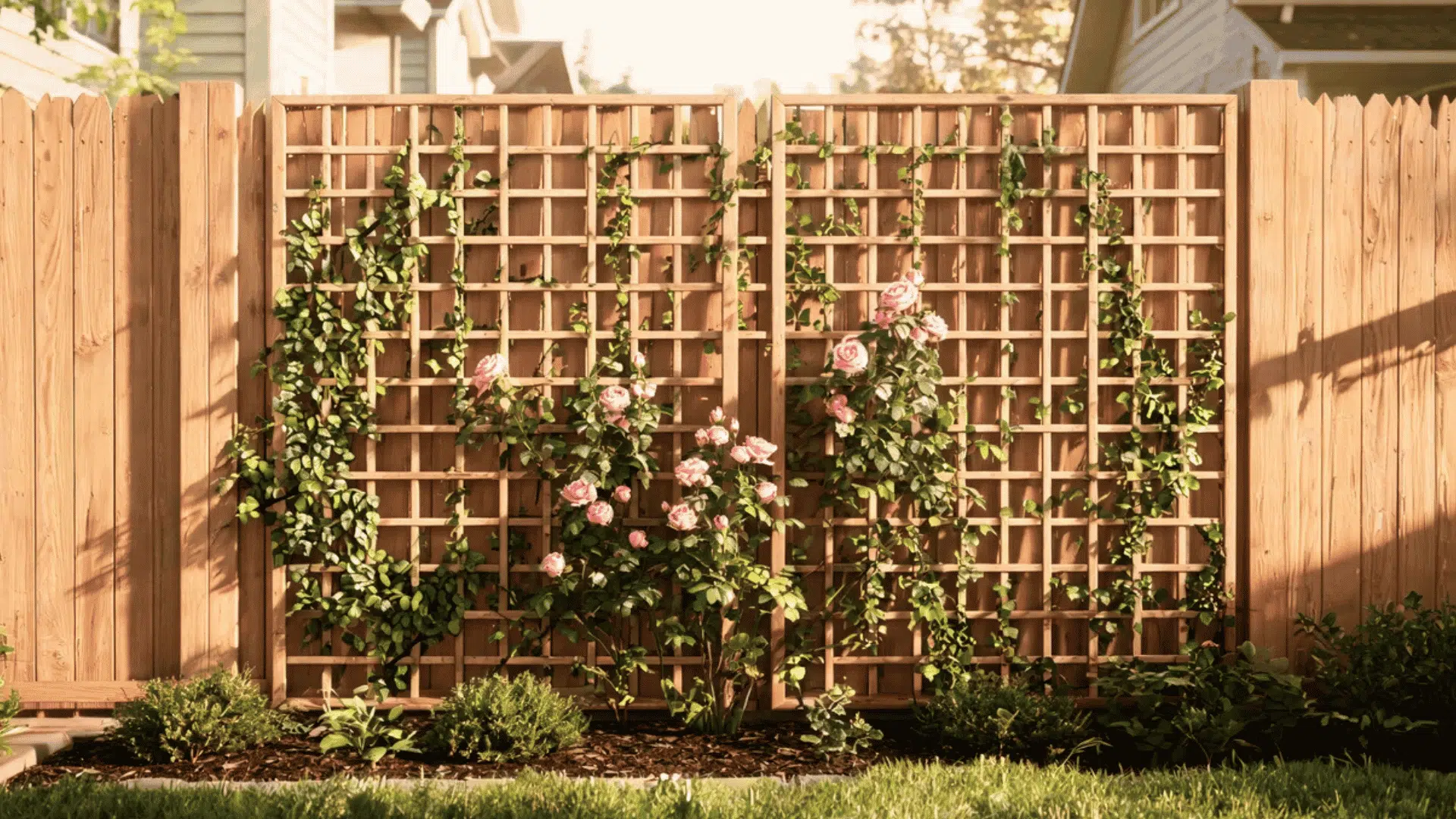 wooden garden trellis with climbing roses and green vines along a backyard fence
