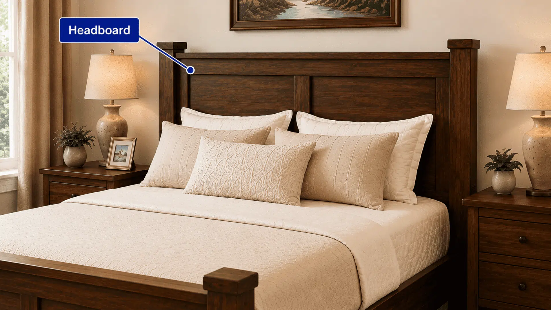 wooden headboard with cushioned bedding in a warm bedroom setting highlighting the upper bed structure