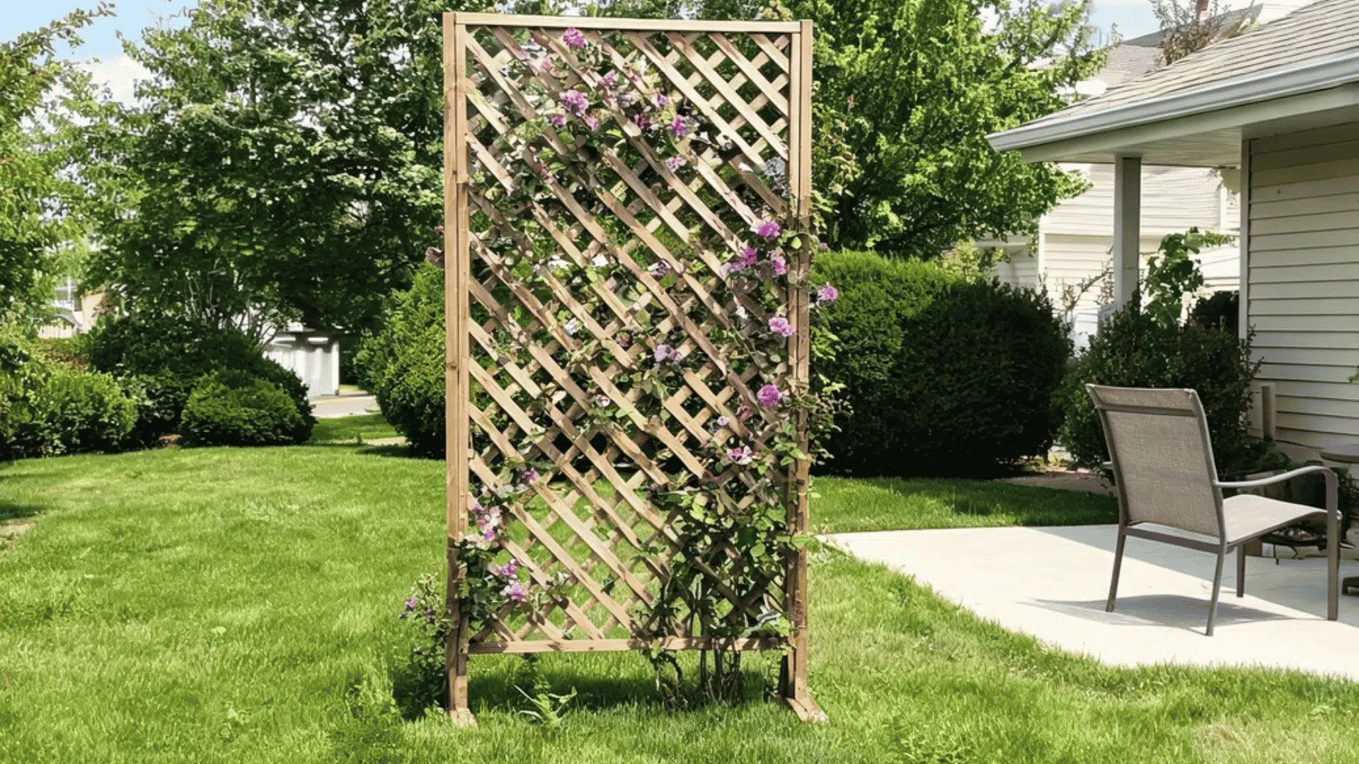 wooden lattice trellis with flowering vines standing on a green lawn beside a patio