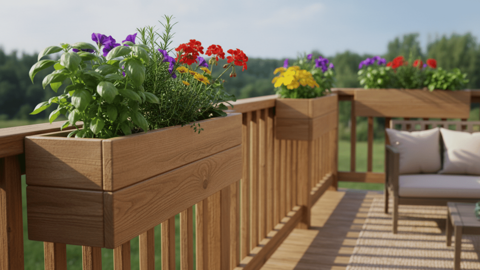 wooden railing planters filled with herbs and bright flowers on a sunny deck with outdoor seating