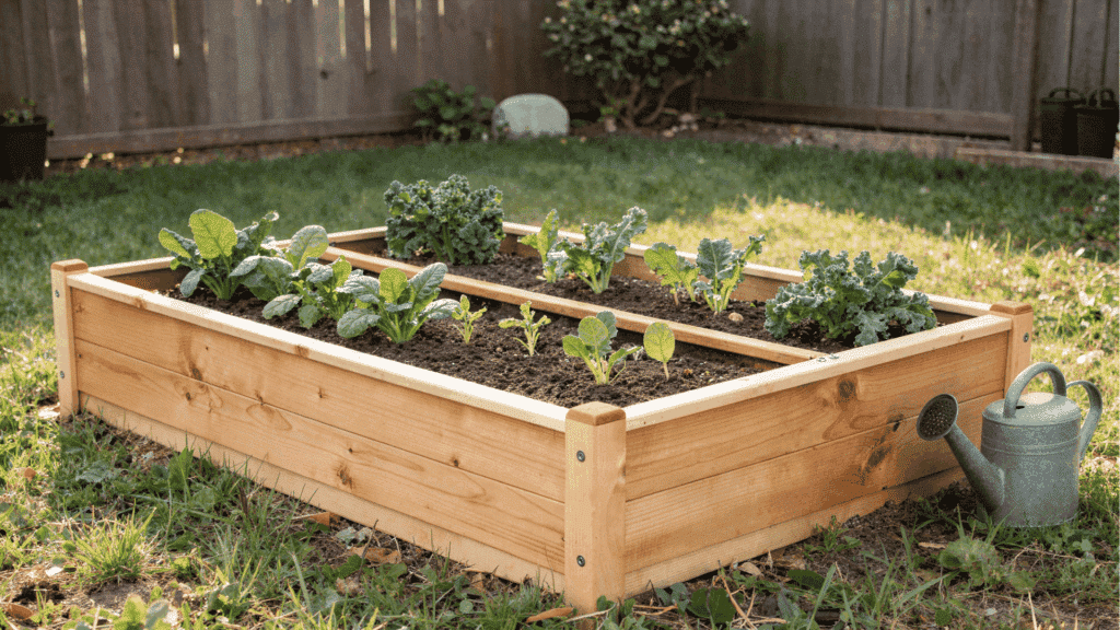 wooden raised garden bed filled with young kale plants and other greens with a watering can nearby on a grassy lawn