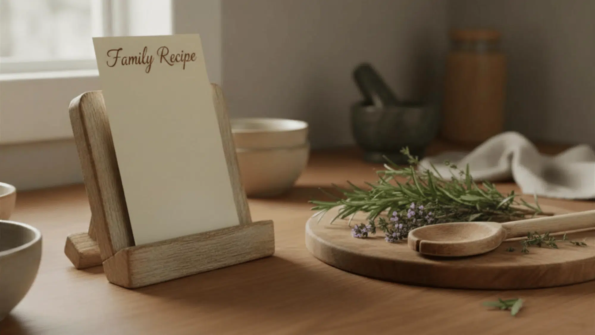 wooden recipe card stand with a handwritten card on a counter with herbs and spoon