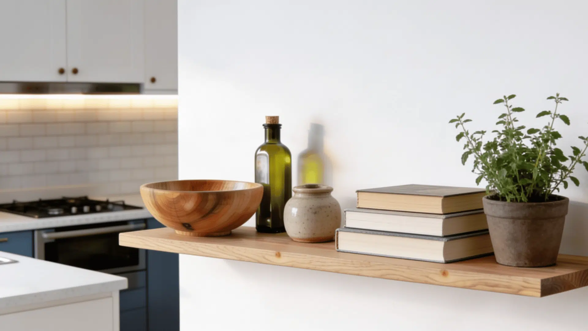 wooden shelf displays a wooden bowl two bottles a small pot a stack of books and a potted plant against a white wall