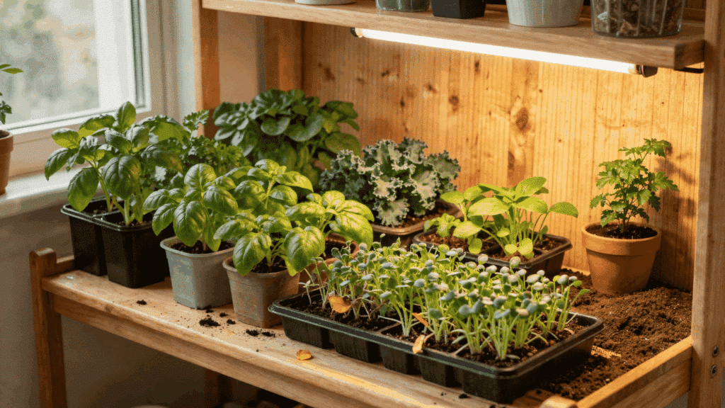 wooden shelf unit inside a small apartment holding pots and trays growing basil parsley kale and microgreens under warm grow lights
