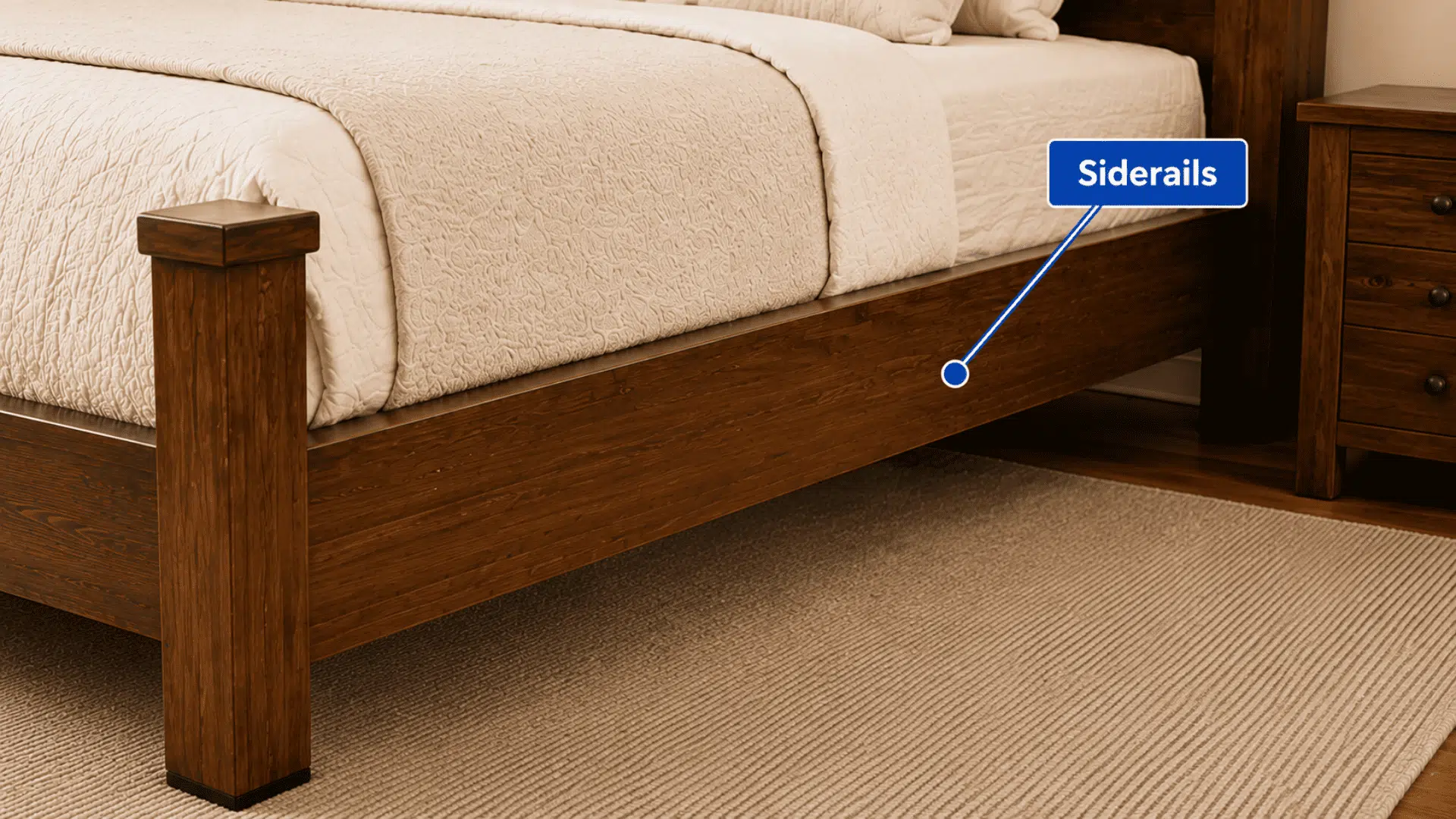 wooden side rail running along the bed frame providing mattress support and structural stability