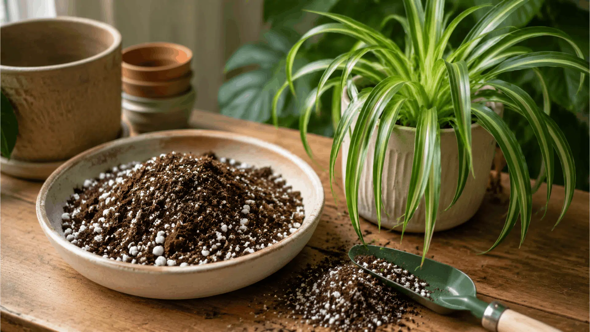 wooden table with spider plant pot and potting soil mixed with perlite showing indoor gardening setup in bright natural light (1)
